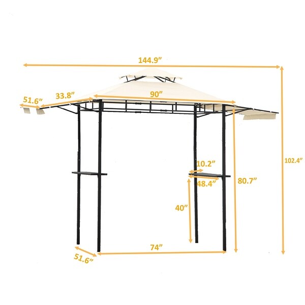 12Ft.Lx4.3Ft.W Steel Double Tiered Backyard Patio BBQ Grill Gazebo with Bar Counters， Beige