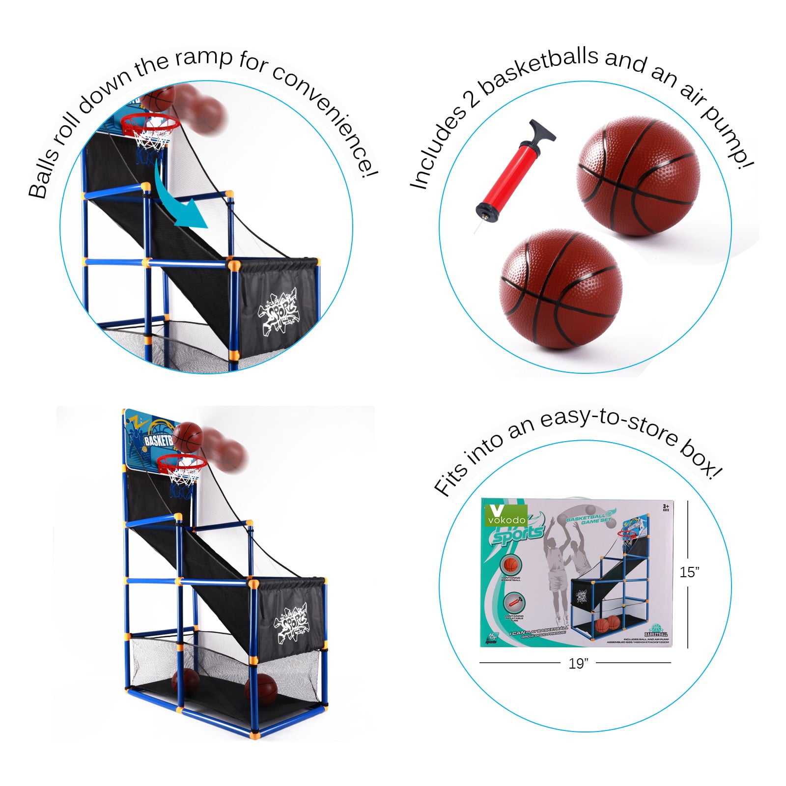 Vokodo Kids Home Basketball Court Shooting Game Includes 2 Balls Air Pump And Slide Ramp Great For Indoor Arcade Practice Improves Scoring Accuracy Sports Toys Active Play Gift For Children Boys Girls