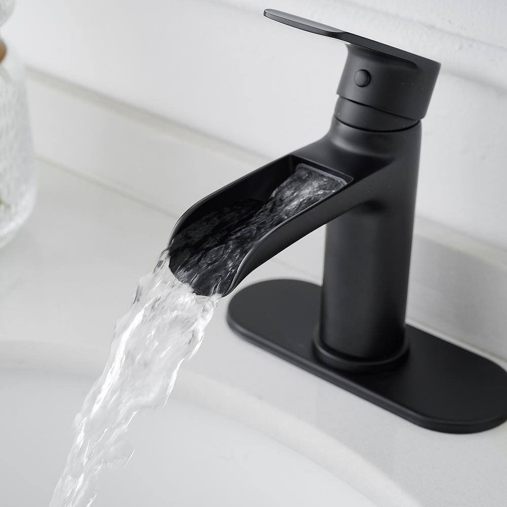 BWE Waterfall Single Handle Single Hole Modern Bathroom Faucet Bathroom Drip-Free Vanity Sink Faucet in Matte Black A-96071-B