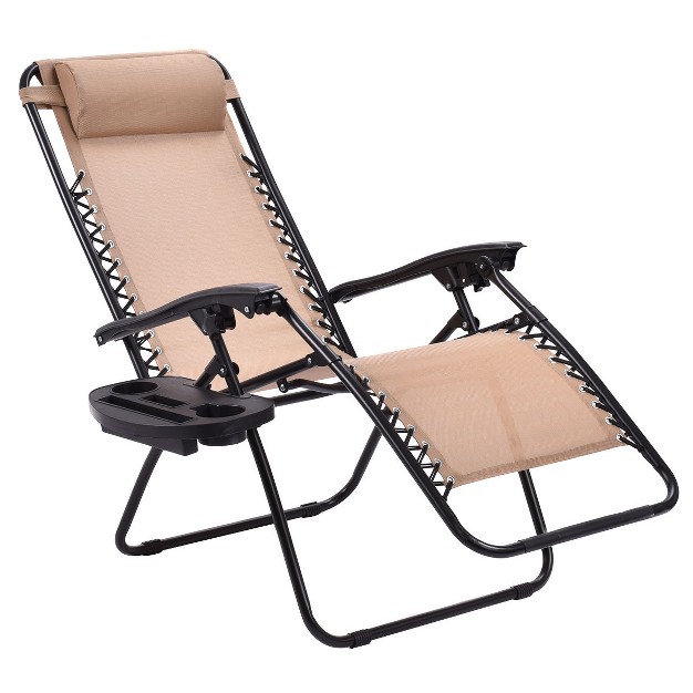 Costway 2pcs Zero Gravity Chairs Lounge Patio Folding Recliner Beige W cup Holder