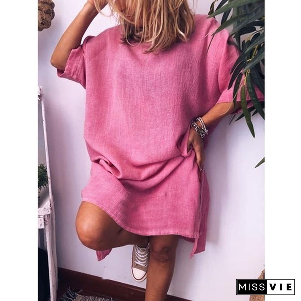 7 Colors XS-8XL Women's Summer Fashion Short Sleeve Solid Color Beach Wear Slit Long Linen Blouses Ladies Casual Plus Size Loose Short Dress O-neck T-shirts Dress