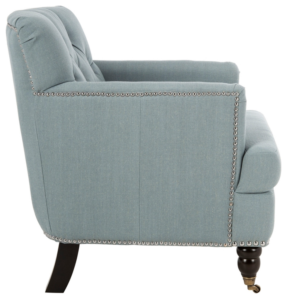 Leonard Tufted Club Chair With Brass Nail Heads Sky Blue/ Dark Brown   Traditional   Armchairs And Accent Chairs   by Peachtree Fine Furniture  Houzz