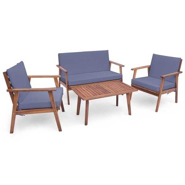 4 PCS Patio Conversation Set Acacia Wood Sofa Coffee Table w/ Cushions