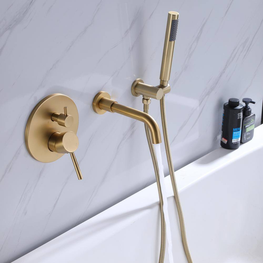 Hlihome Double-Handle Wall Mounted Roman Tub Faucet with Hand Shower in Brushed Gold RBDK-0908-BG