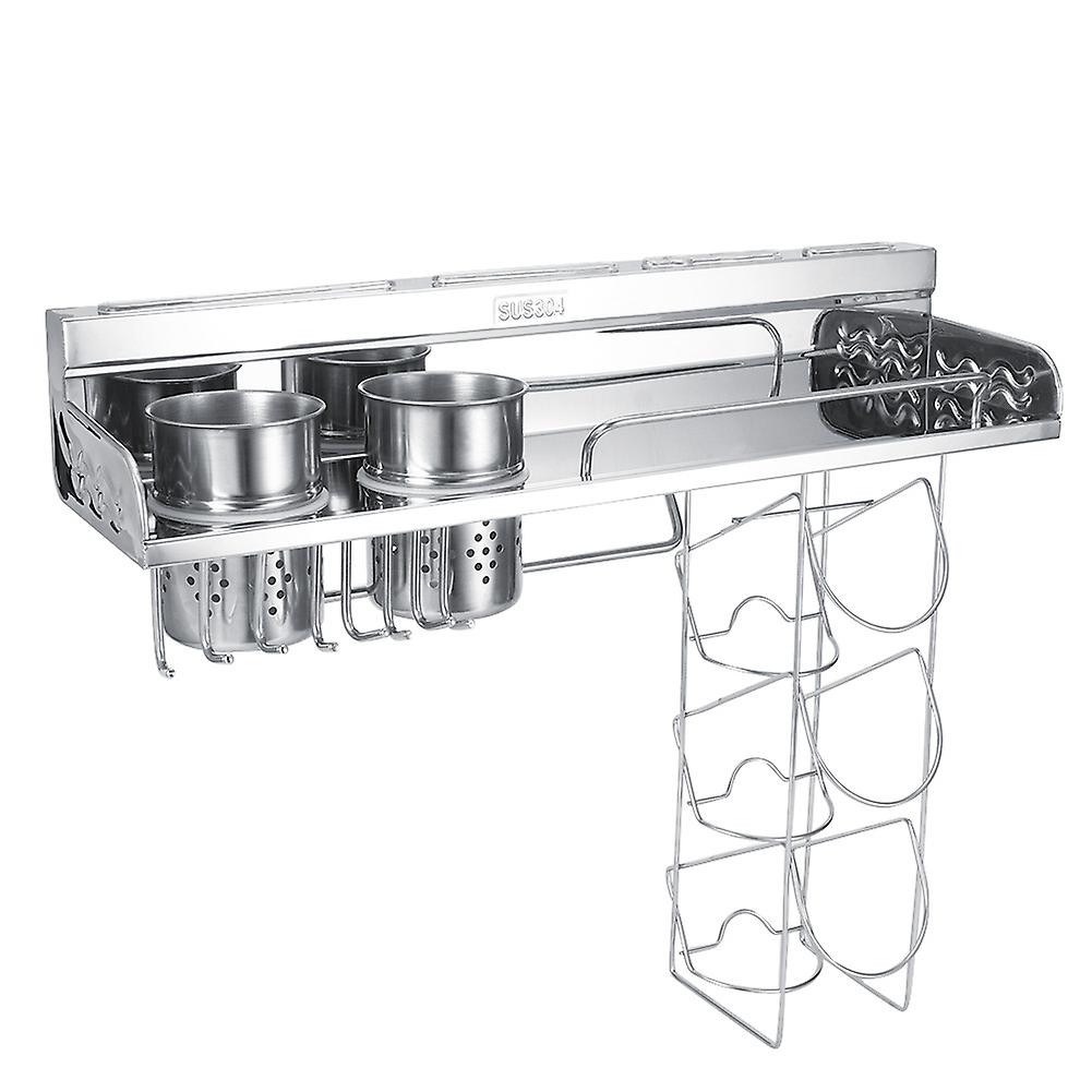 304 Stainless Steel Wall-Mounted Kitchen Multi-Functional Storage Rack Shelf with Hanging Basket and Cups