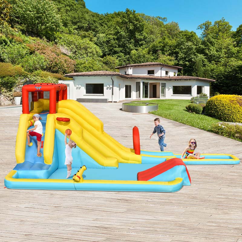 7 in 1 Dual Slide Water Park Bouncy Castle Inflatable Bounce House with Climbing Wall, Splash Pool, Basketball Rim, Water Gun & Sprinker