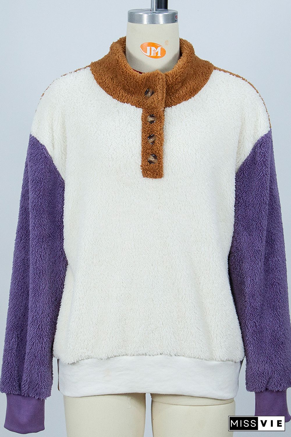 Stand Collar Button Down Color Block Fleece Sweatshirts