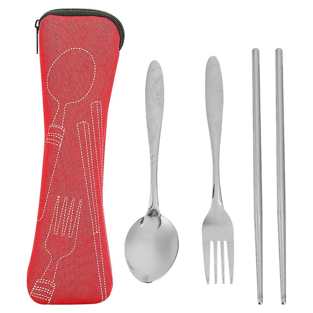 Portable Stainless Steel Spoon Fork Chopsticks With Storage Bag Camping Tableware Set(red)