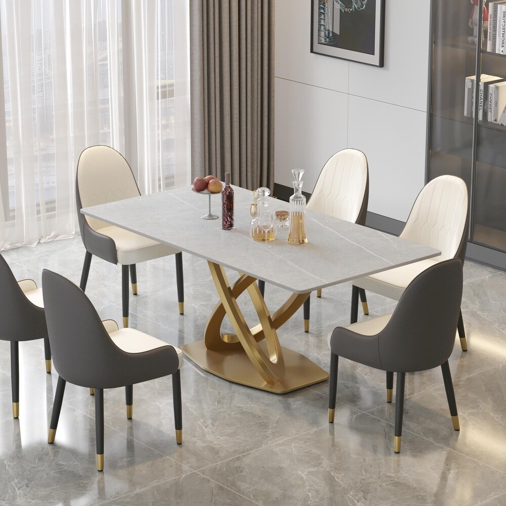 Modern Sintered Stone Dining Table Minimalist Artificial Marble Rectangular Table Top + Gold X cross Shaped Base