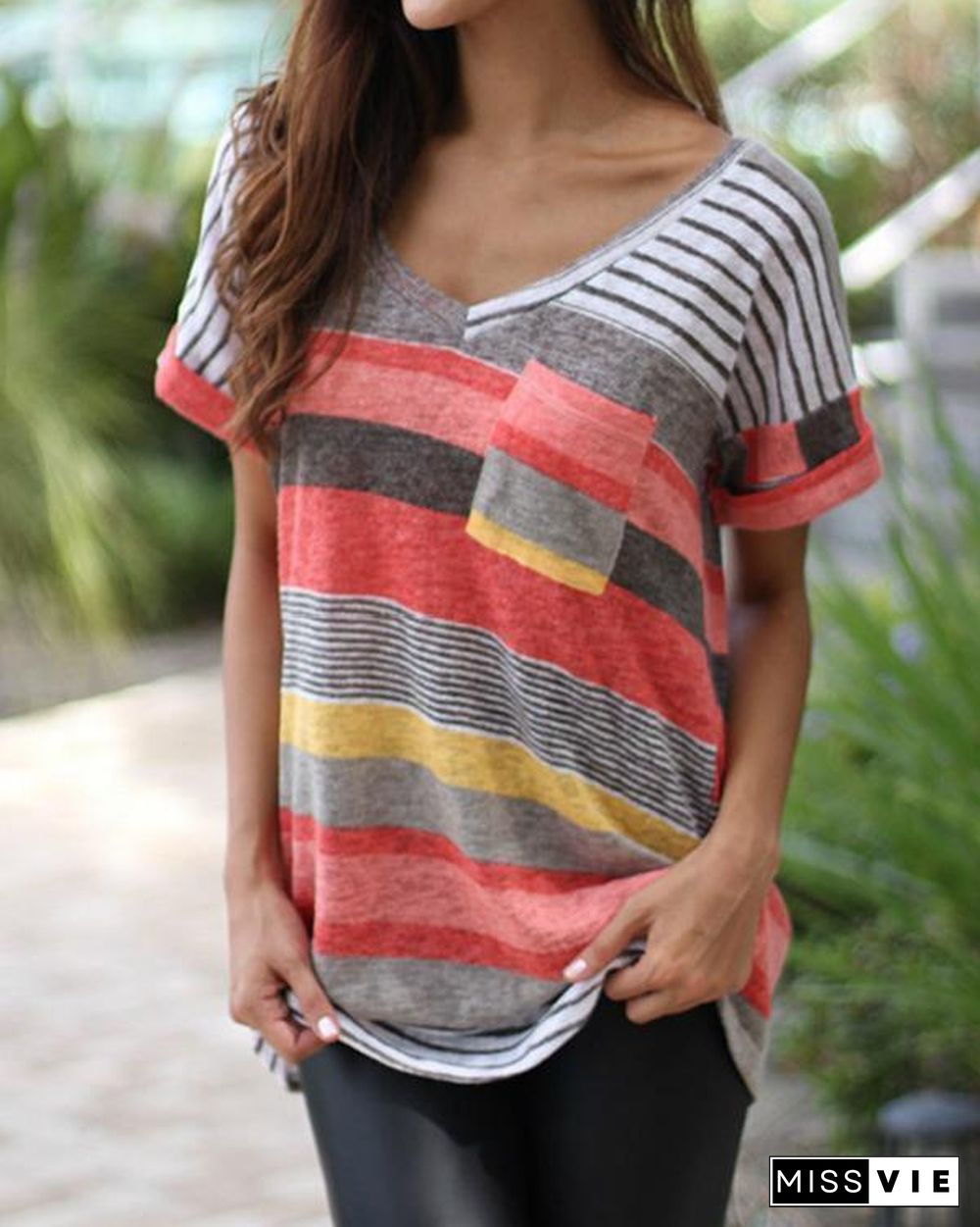 Women V-Neck Printed Striped Short-Sleeved T-shirt Top