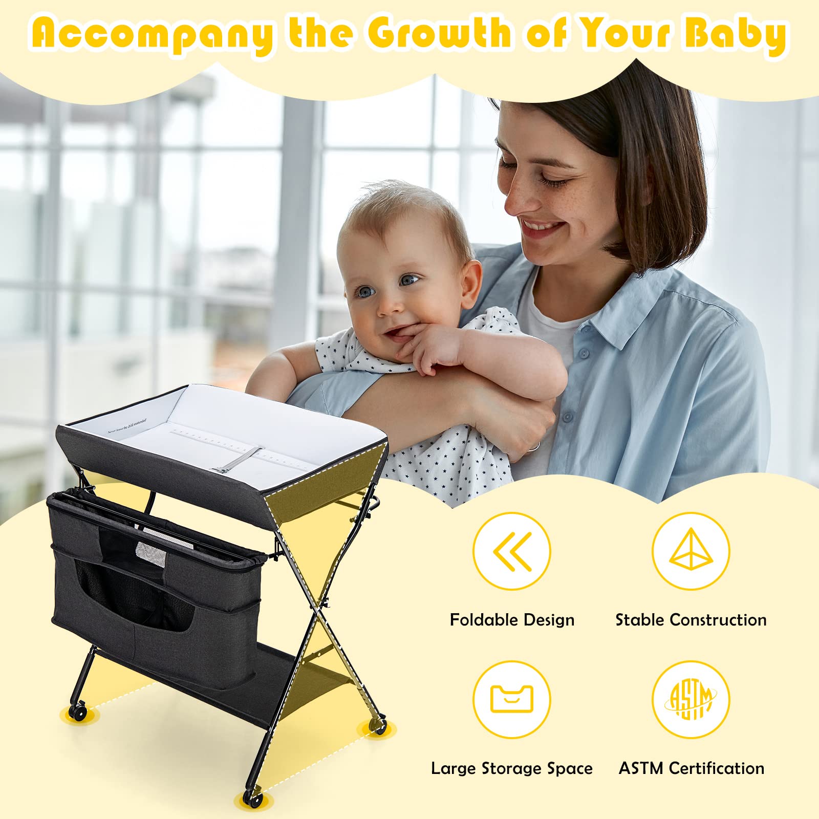 Costzon Portable Baby Changing Table, Height Adjustable Mobile Nursery Station with Waterproof Surface