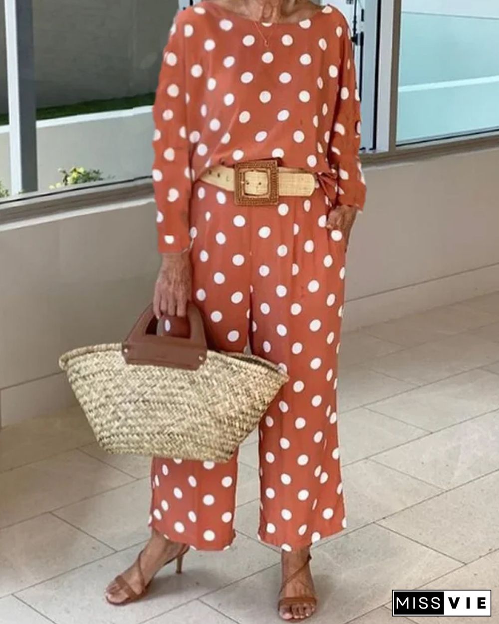 Polka dot long sleeve top wide leg pants set