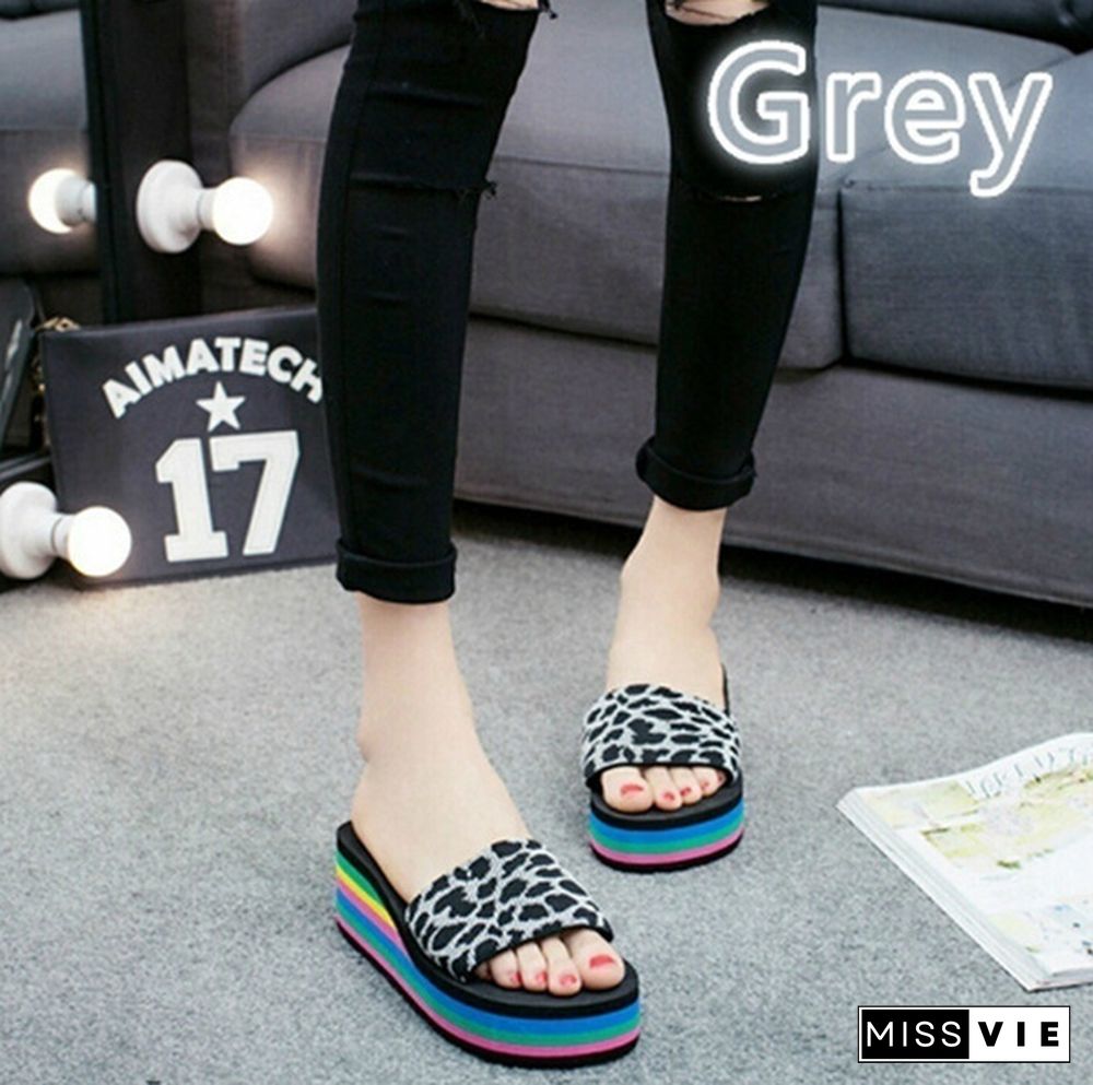 Women Fashion Summer High Heels Sandals Rainbow Non-Slip Thick Soled Slippers Ladies Platform Wedge Beach Slippers