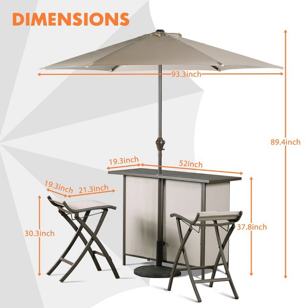 Aoodor Outdoor 5 piece Bar Table Folding Chairs Set With 8 x27 Adjustable Tilt Umbrella Base