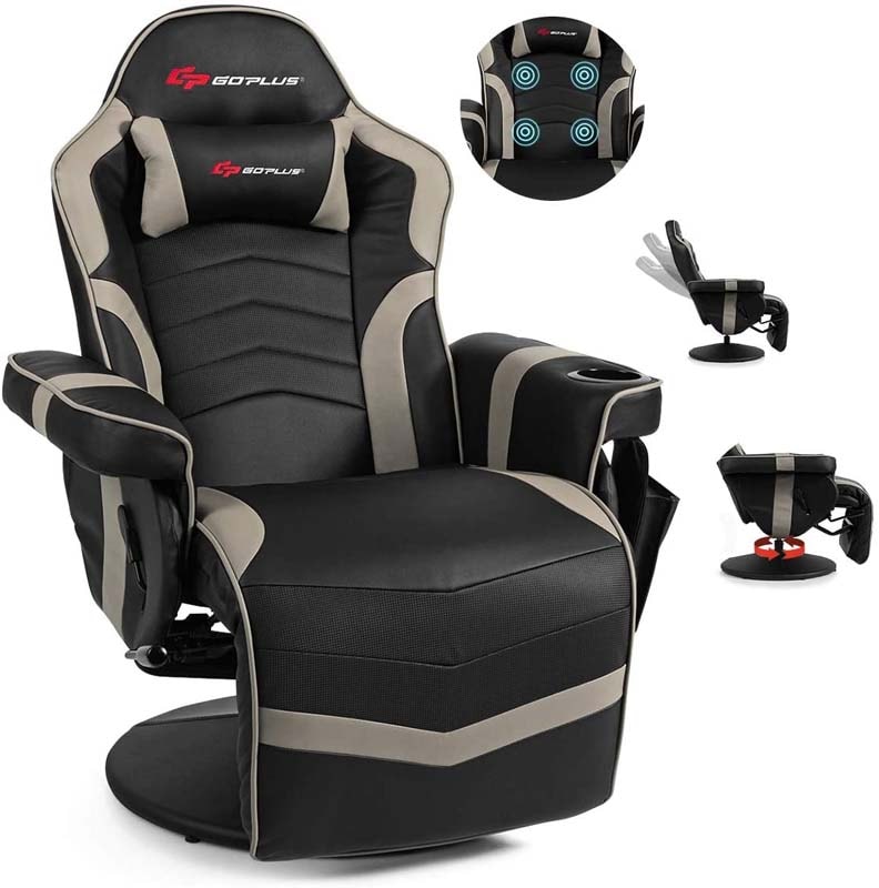 PU Leather Massage Gaming Chair, Ergonomic High Back Racing Style Gaming Recliner with Adjustable Backrest & Footrest, Cup Holder, Side Pouch