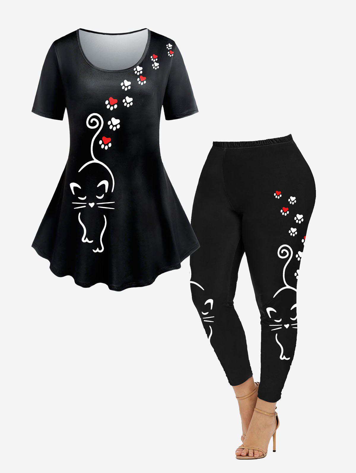 Cat Printed Tee and Cartoon Cat Printed Leggings Plus Size Outfit