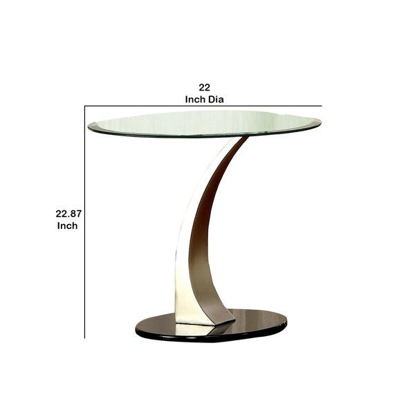 Round Glass Top End Table with Curved Pedestal Base， Black and Silver