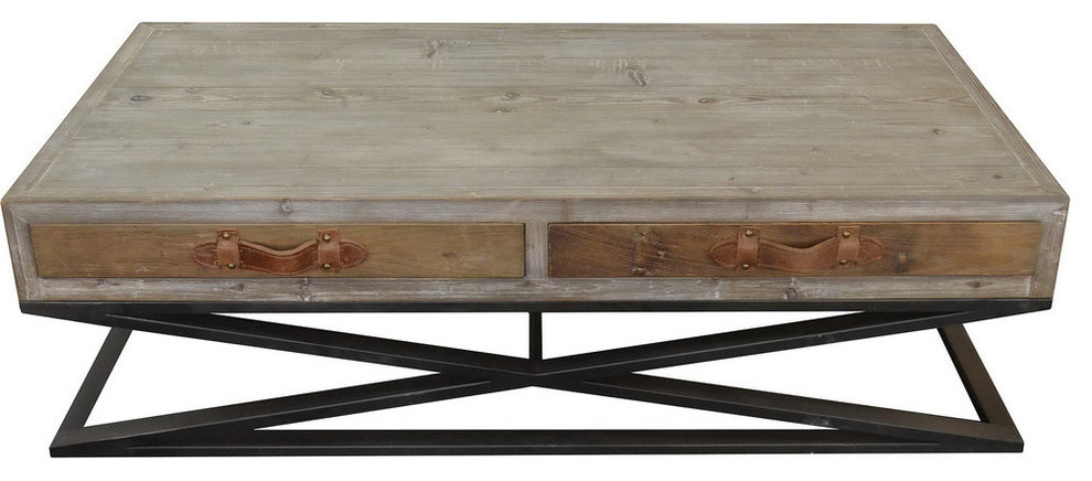 Syracuse Cocktail Table Metal Base Wood Top and Leather Strap   Industrial   Coffee Tables   by HedgeApple  Houzz