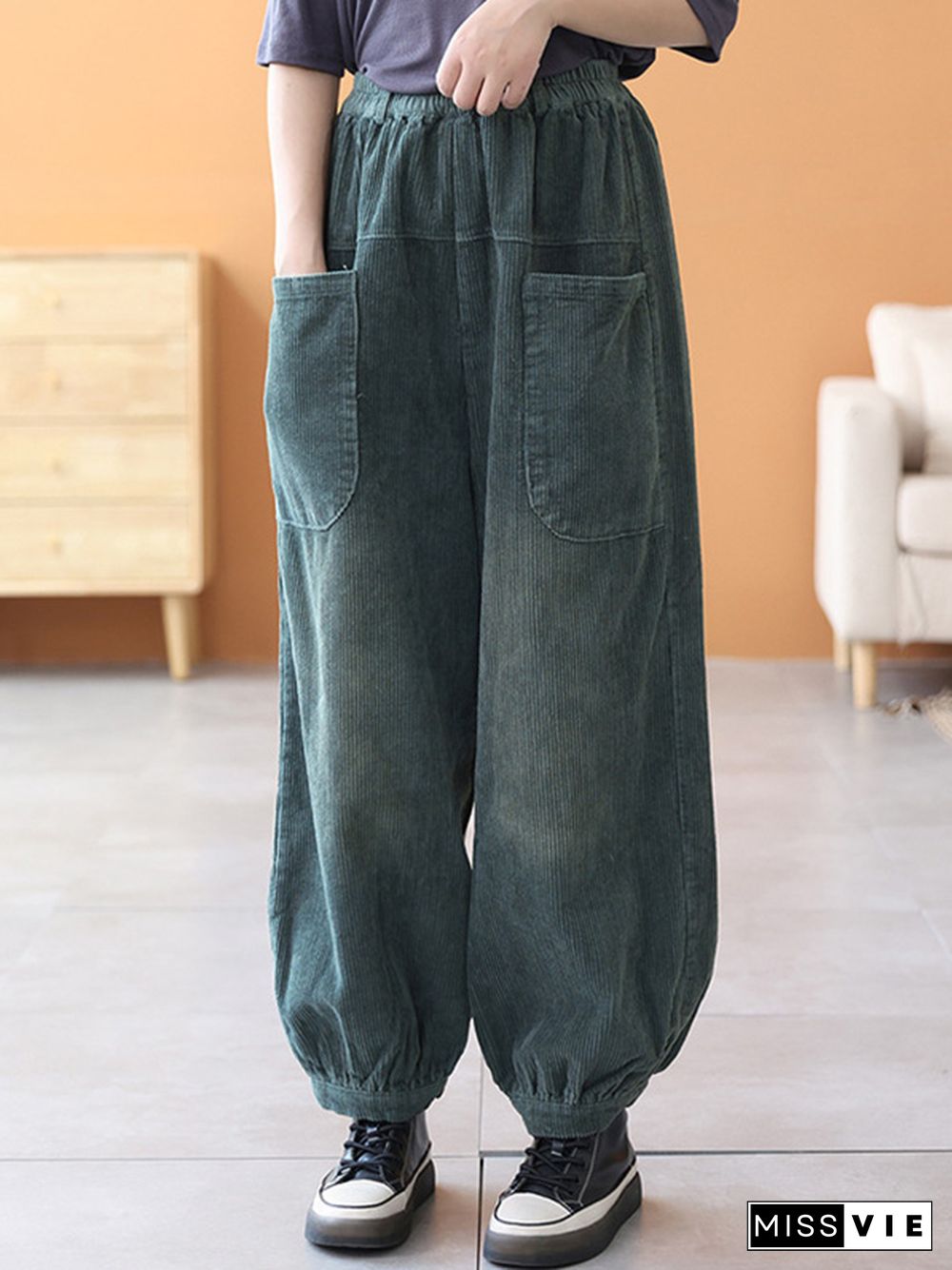 Loose Elasticity Solid Color Casual Flared Pants Bottoms