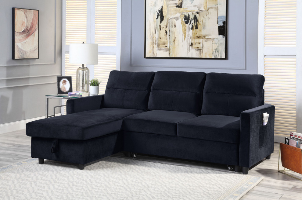 Ivy Black Velvet Reversible Sleeper Sectional Sofa  Storage Chaise  Side Pocket   Transitional   Sleeper Sofas   by Lilola Home  Houzz