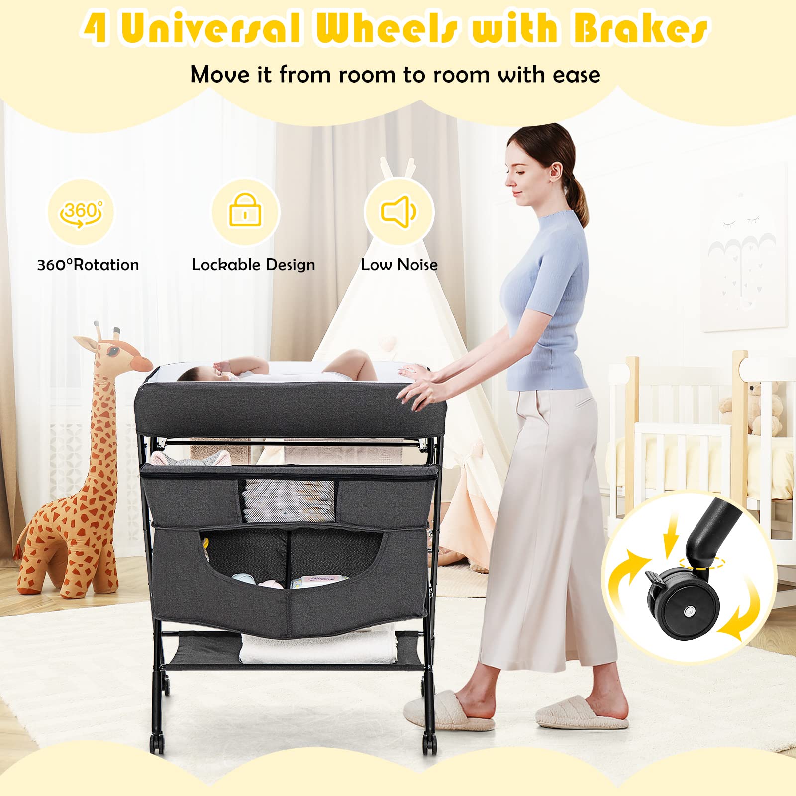 Costzon Portable Baby Changing Table, Height Adjustable Mobile Nursery Station with Waterproof Surface