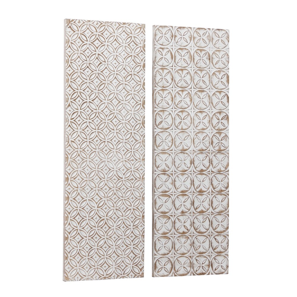 White Wooden Intricately Carved Geometric Wall Decor (Set of 2)
