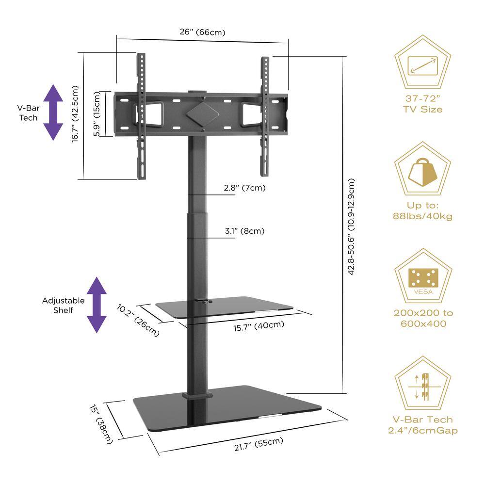 ProMounts Heavy Duty Swivel Floor Stand Mount with Shelves For 37-70 in. TV's up to 88lbs. with Sleek Glass Base and 35 Swivel AFMSS6402