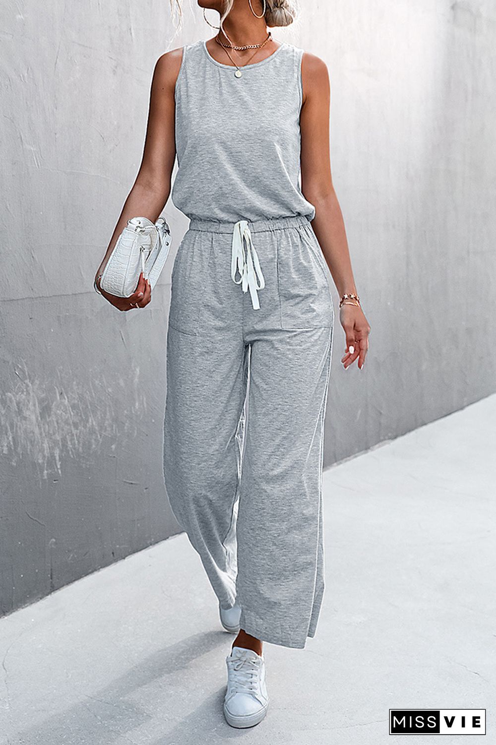 Solid Sleeveless Drawstring Waist Jumpsuit Wholesale