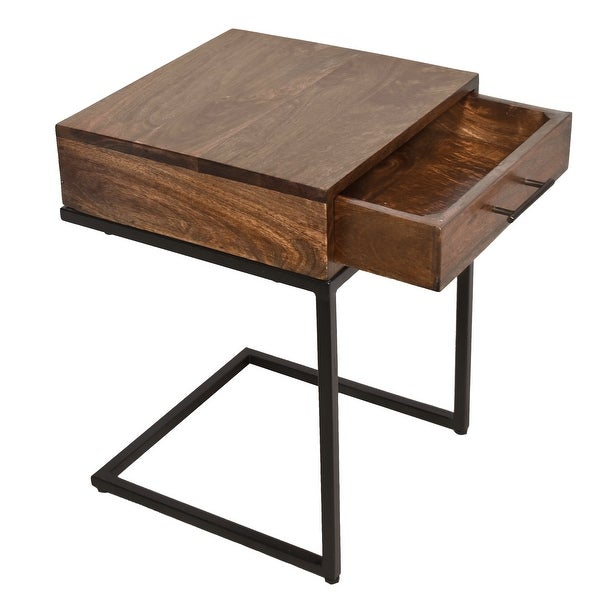 Mango Wood Side Table with Drawer and Cantilever Iron Base， Brown and Black - 24 H x 16.5 W x 16.5 L