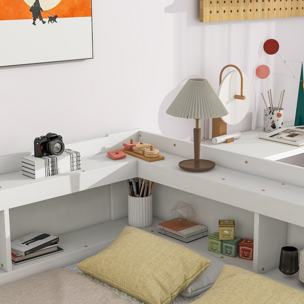 Full Bed with L shaped Bookcases  Drawers  White