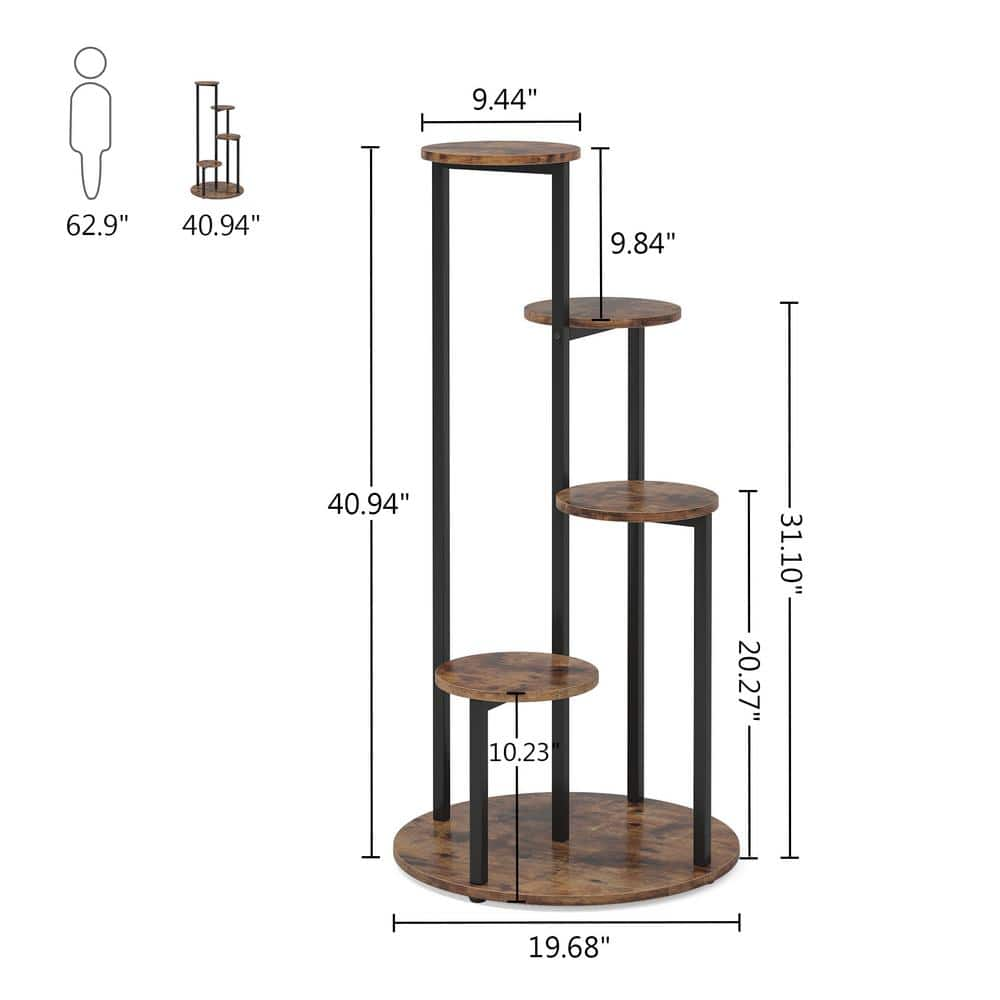 BYBLIGHT Wellston 40.94 in. H Rustic Brown Round Wood Corner Plant Stand Indoor 5 Tier Potted Ladder Holder Flower Rack BB-U0181-XMX