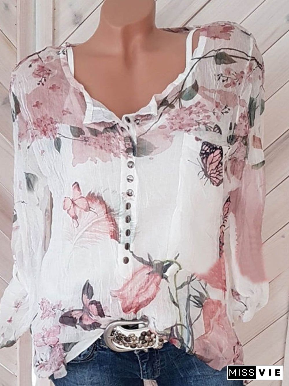 Floral Breeze V-Neck Buttons Long Sleeves Shirt Top