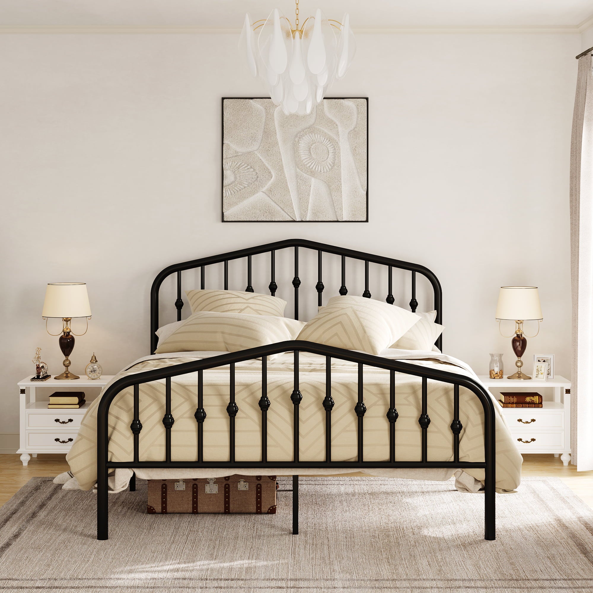 Amolife Queen Size Metal Bed Frame with Delicate Headboard and Footboard, Black