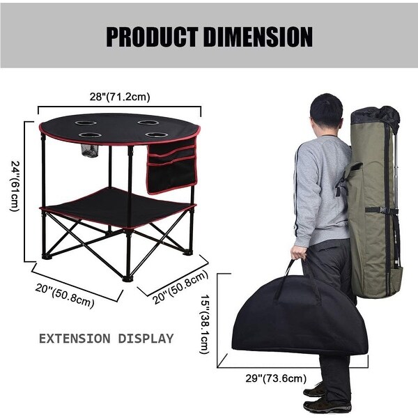 Folding Camping Table with 4 Cup Holders With Side Storage Bag，Black+red