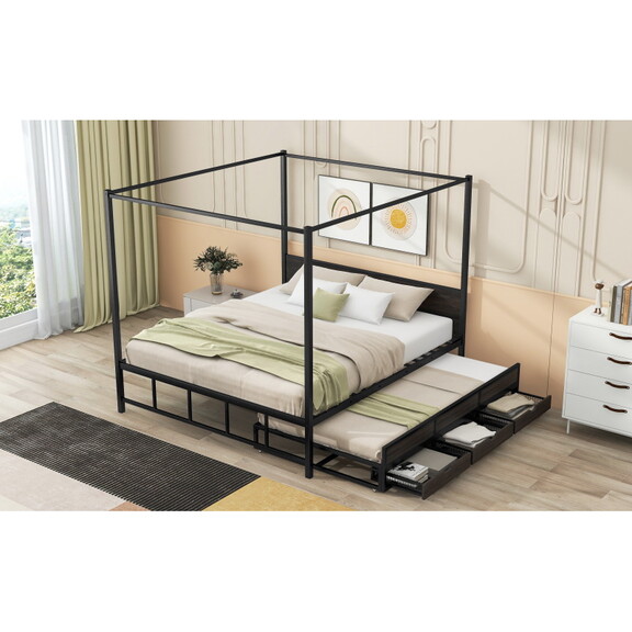 Queen Size Metal Canopy Platform Bed with Twin Siz...