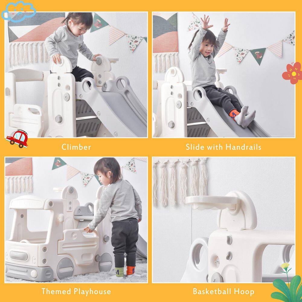 White Bus Freestanding Playset Structure Climber with Slide and Basketball Hoop LMM292572E