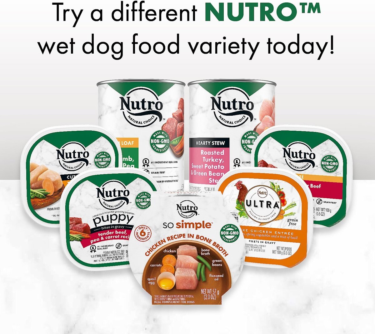 Nutro So Simple Meal Complement Chicken and Duck Recipe in Bone Broth Grain-Free Wet Dog Food Topper， 2-oz tray， case of 10