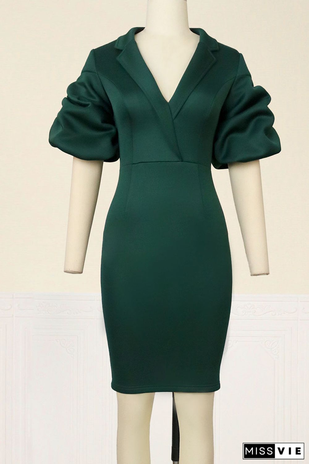 Ink Green Elegant Solid Patchwork Short Sleeve Dress Dresses