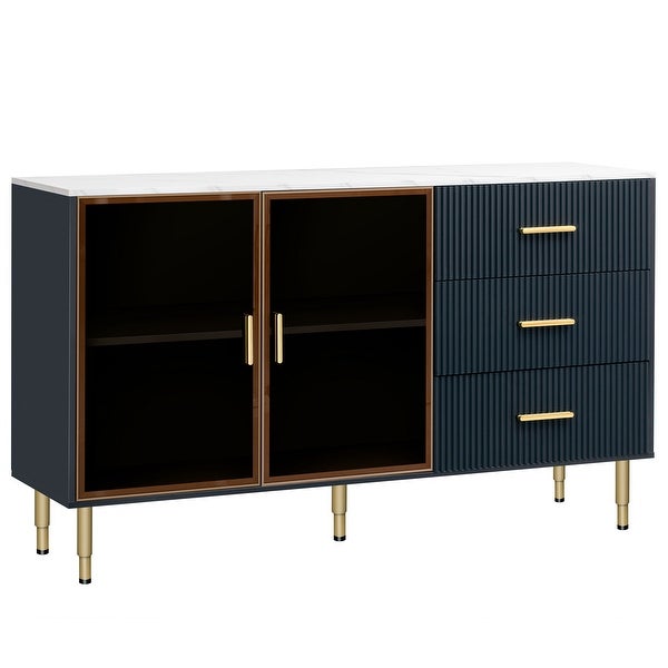 Modern Sideboard MDF Buffet Cabinet Marble Sticker Tabletop and Amber-yellow Tempered Glass Doors with Gold Metal Legs