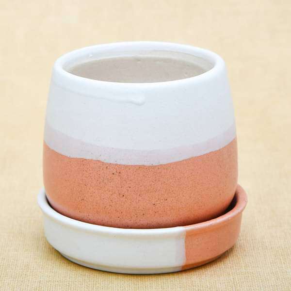 2.8 inch (7 cm) CP009 Jar Shape Round Ceramic Pot With Plate (White, Light Peach) (set of 2)