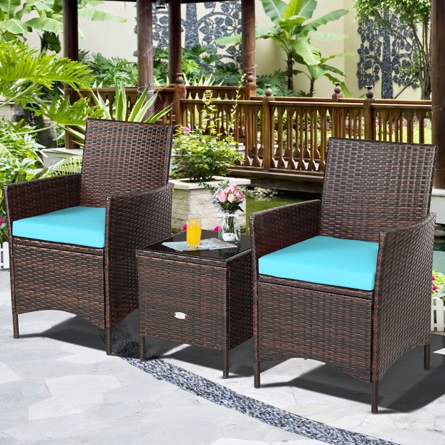 Tangkula 3 Pieces Patio Rattan Conversation Furniture Wicker Chairs With Coffee Table amp Cushions Red blue white