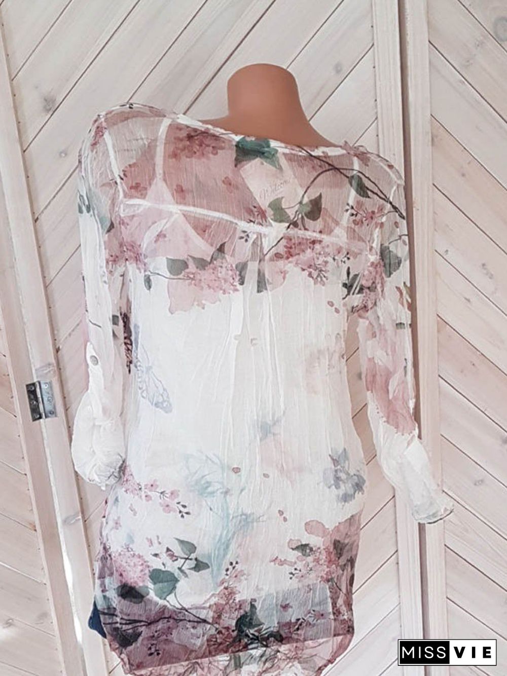 Floral Breeze V-Neck Buttons Long Sleeves Shirt Top