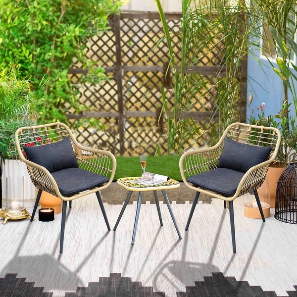 3-Piece Cushioned Bistro Set Patio Wicker Chair and Side Table - Overstock - 33999428