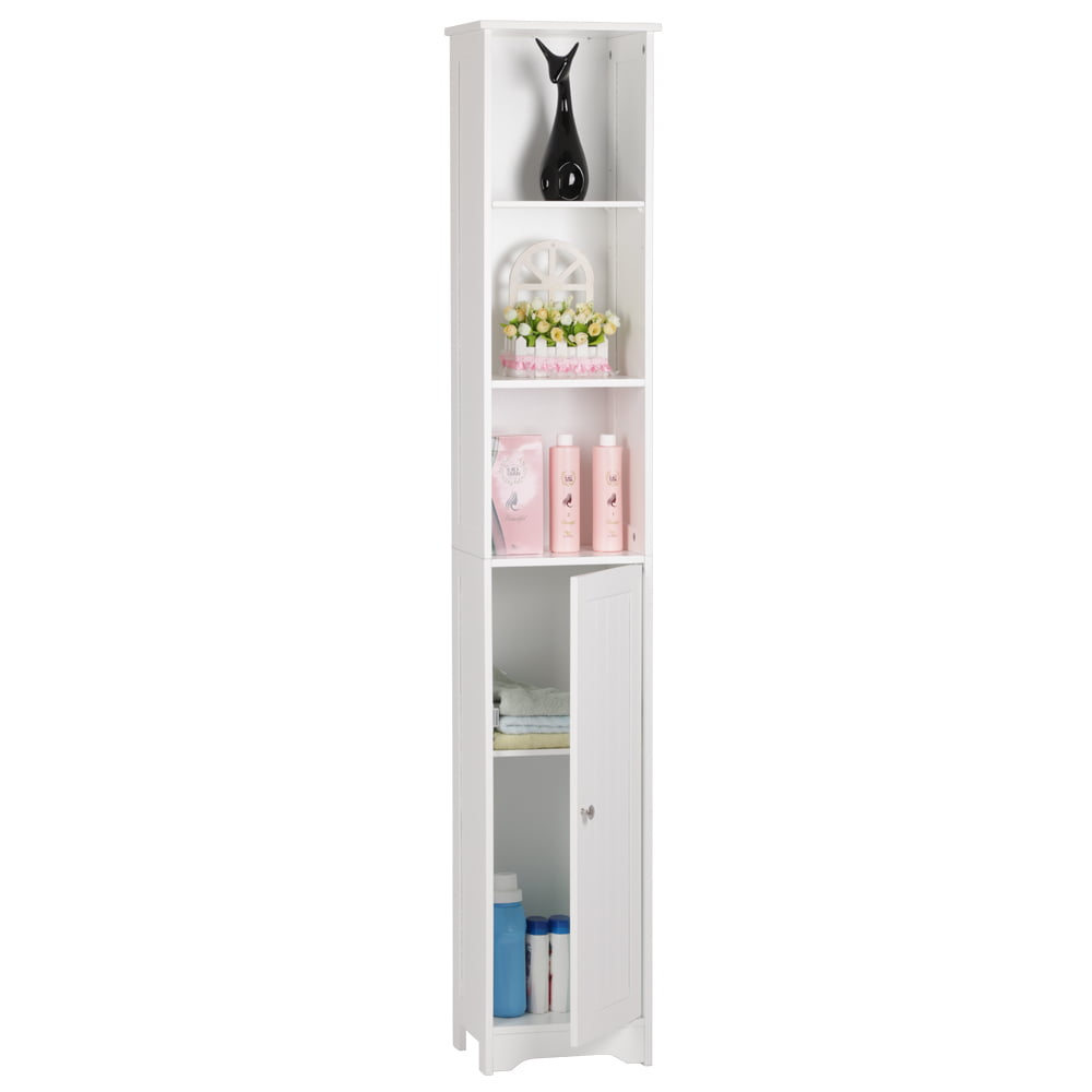 VINGLI 67" Tall Narrow Cabinet Free Standing Bathroom Storage Tower Cabinet White Slim Pantry Cabinet with 3 Open Shelves and 1 Door Adjustable Shelf Corner Linen Organizer