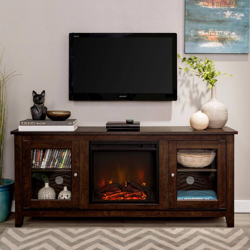 Walker Edison Furniture Company Traditional 58 in. Brown TV Stand fits TV up to 65 in. with Glass Doors and Electric Fireplace HD58FP4DWTB