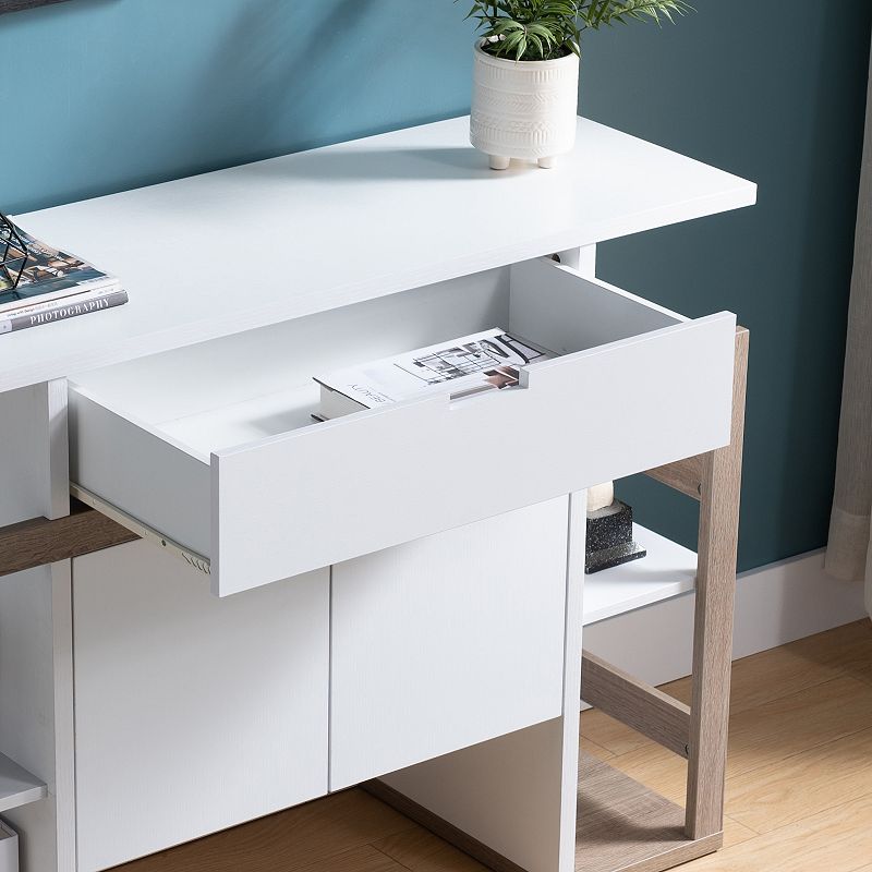 FC Design White and Dark Taupe Buffet Bookcase with 4 Open Shelves， 2 Door Cabinet and Drawer