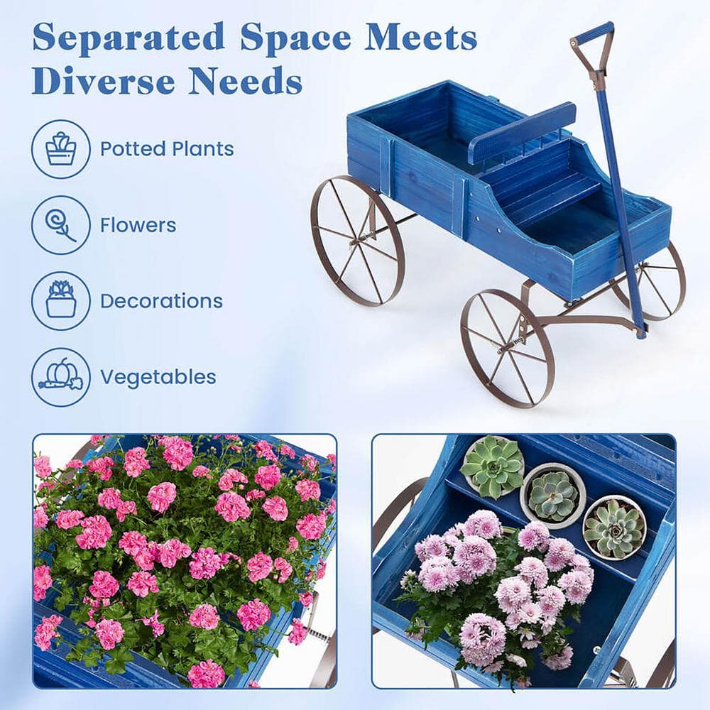 Gymax 24 in. x 24.5 in x 13.5 in. IndoorOutdoor Blue Wooden Garden Flower Planter Wagon Plant Bed with Wheel Garden Yard GYM13042