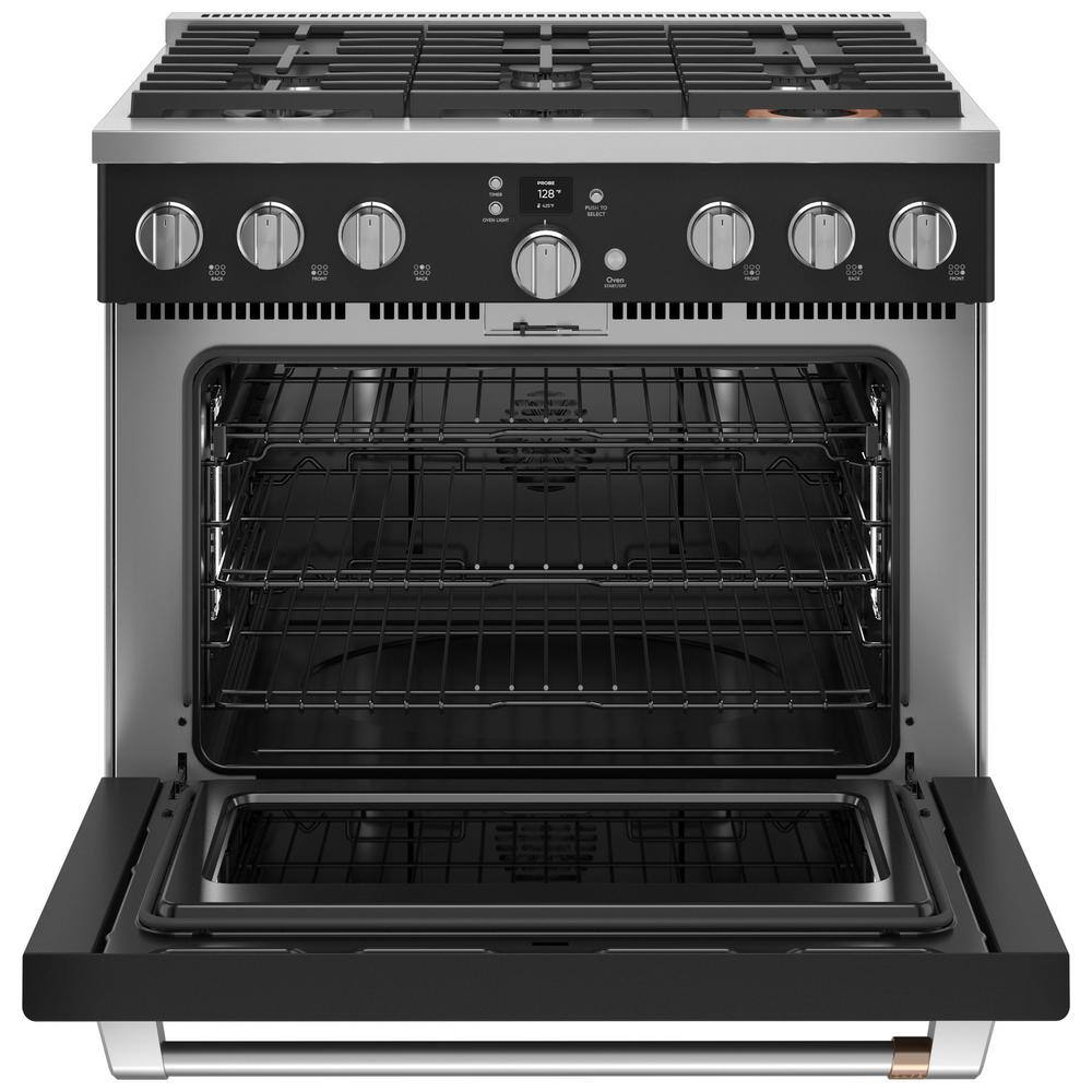 Cafe 36 in. 5.75 cu. ft. Smart 6 Burner Dual Fuel Range with Convection in Matte Black C2Y366P3TD1