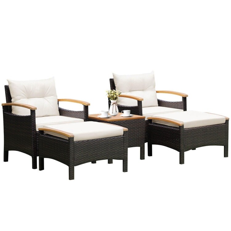 5 Pieces Patio Conversation Set with Cushions Coffee Table and 2 Ottomans   25\