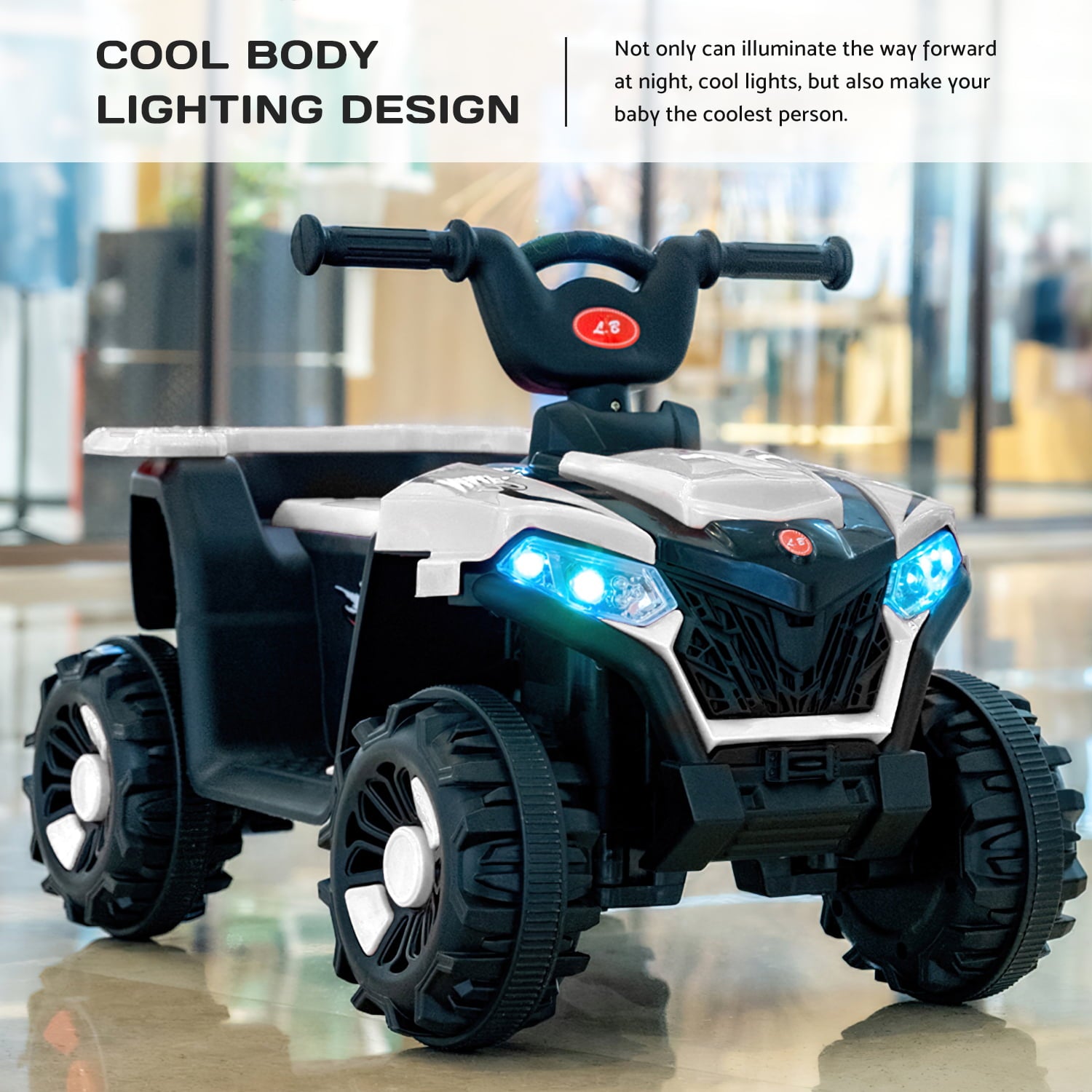 BATE Kids Ride on Toy, Battery Powered 6V 4-Wheeler ATV Quad with Music, LED Lights, White